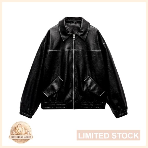 Jackets & Blazers - Faux Leather Bomber Jacket Women's Zip Up Biker Style Lightweight